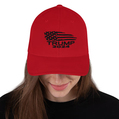Structured Twill Cap Trump Flag Black WritingAvailable in two sizes with an elastic stretch band, this hat is a sure winner in comfort! It has an athletic shape with a curved visor. 

• 63% polyester, 34% cotStructured Twill Cap Trump Flag Black Writing