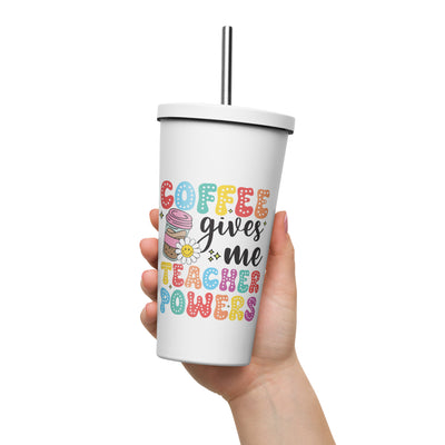 Coffee Gives Teacher Powers Insulated 20oz Tumbler With A StrawUpgrade your drinkware game and add a splash of color to your day with this insulated tumbler. Cheers to style and functionality in every sip!• High-grade stainless Teacher Powers Insulated 20oz Tumbler