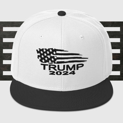 Snapback Hat Trump Flag Black WritingThis is the snapback of your dreams! It's structured and high-profile, with a flat visor and a subtle grey under visor. 

• 85% acrylic, 15% wool
• Structured, 6-Snapback Hat Trump Flag Black Writing