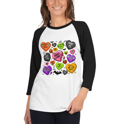 Women's 3/4 Sleeve Raglan Shirt Halloween Heart CandyA stylish spin on the classic baseball raglan. The combed cotton blend makes it super soft, comfortable, and lightweight.

• All solid colors are 100% ring-spun cottWomen'