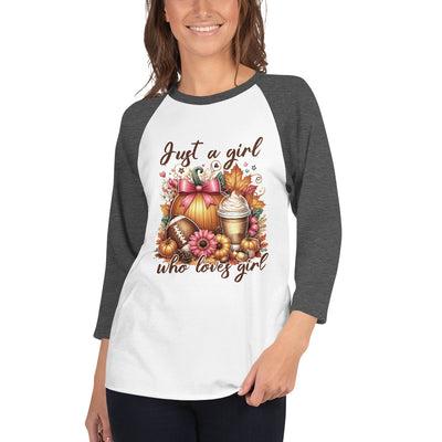 Women's 3/4 Sleeve Raglan Just A GirlA stylish spin on the classic baseball raglan. The combed cotton blend makes it super soft, comfortable, and lightweight.

• All solid colors are 100% ring-spun cottWomen'