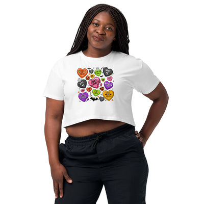 Women’s Crop Top Halloween Heart CandyThis crop top is made of 100% combed cotton, which makes the shirt extremely soft and more durable than regular cotton shirts. The relaxed fit and dropped shoulders Crop Top Halloween Heart Candy
