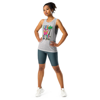 Ladies’ Muscle Tank Better With Flip FlopsThis comfortable muscle tank is soft and flowy with low cut armholes for a relaxed look.

• 65% polyester, 35% viscose
• Athletic Heather is 52% polyester, 48% viscoLadies’ Muscle Tank