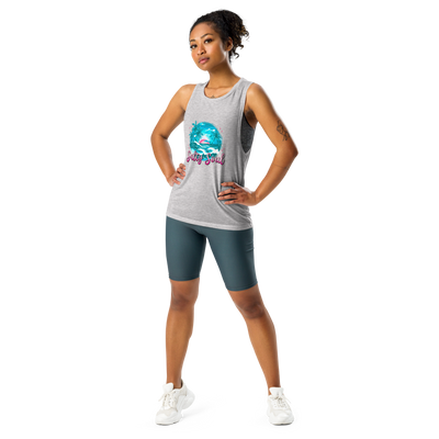Ladies’ Muscle Tank Salty SoulThis comfortable muscle tank is soft and flowy with low cut armholes for a relaxed look.• 65% polyester, 35% viscose• Athletic Heather is 52% polyester, 48% viscose•Ladies’ Muscle Tank Salty Soul
