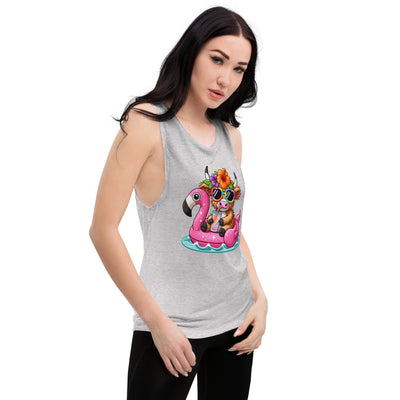 Ladies’ Muscle Tank Cow FlamingoThis comfortable muscle tank is soft and flowy with low cut armholes for a relaxed look.

• 65% polyester, 35% viscose
• Athletic Heather is 52% polyester, 48% viscoLadies’ Muscle Tank Cow Flamingo