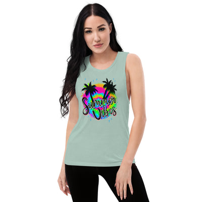 Ladies’ Muscle Tank Summer Vibe NeonThis comfortable muscle tank is soft and flowy with low cut armholes for a relaxed look.

• 65% polyester, 35% viscose
• Athletic Heather is 52% polyester, 48% viscoLadies’ Muscle Tank Summer Vibe Neon