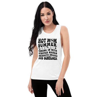 Ladies’ Muscle Tank Hot Mom Black LetteringThis comfortable muscle tank is soft and flowy with low cut armholes for a relaxed look.

• 65% polyester, 35% viscose
• Athletic Heather is 52% polyester, 48% viscoLadies’ Muscle Tank Hot Mom Black Lettering